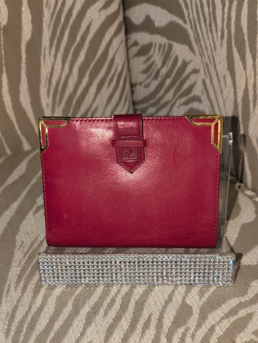 Vintage YSL Red Leather Wallet with Gold Corner Accents - Picture 1 of 12